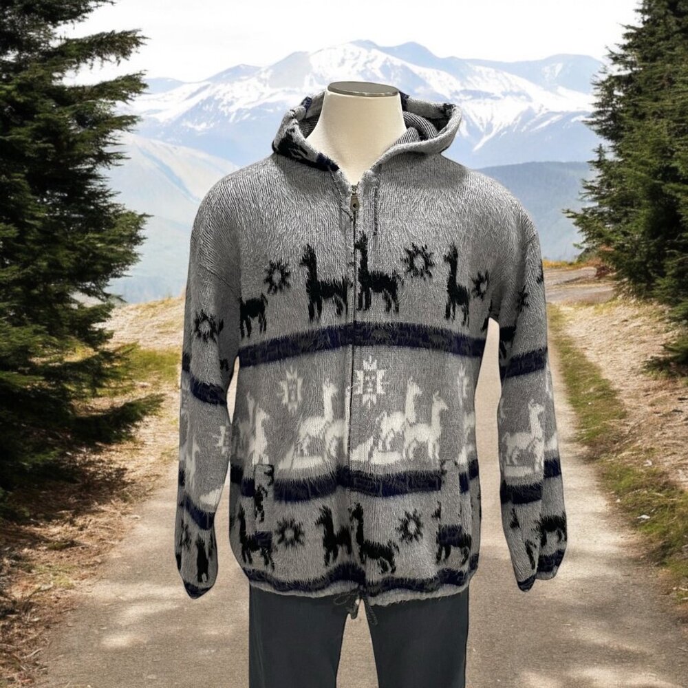 Gray Alpaca Patterned Zip-Up Sweater - image 1